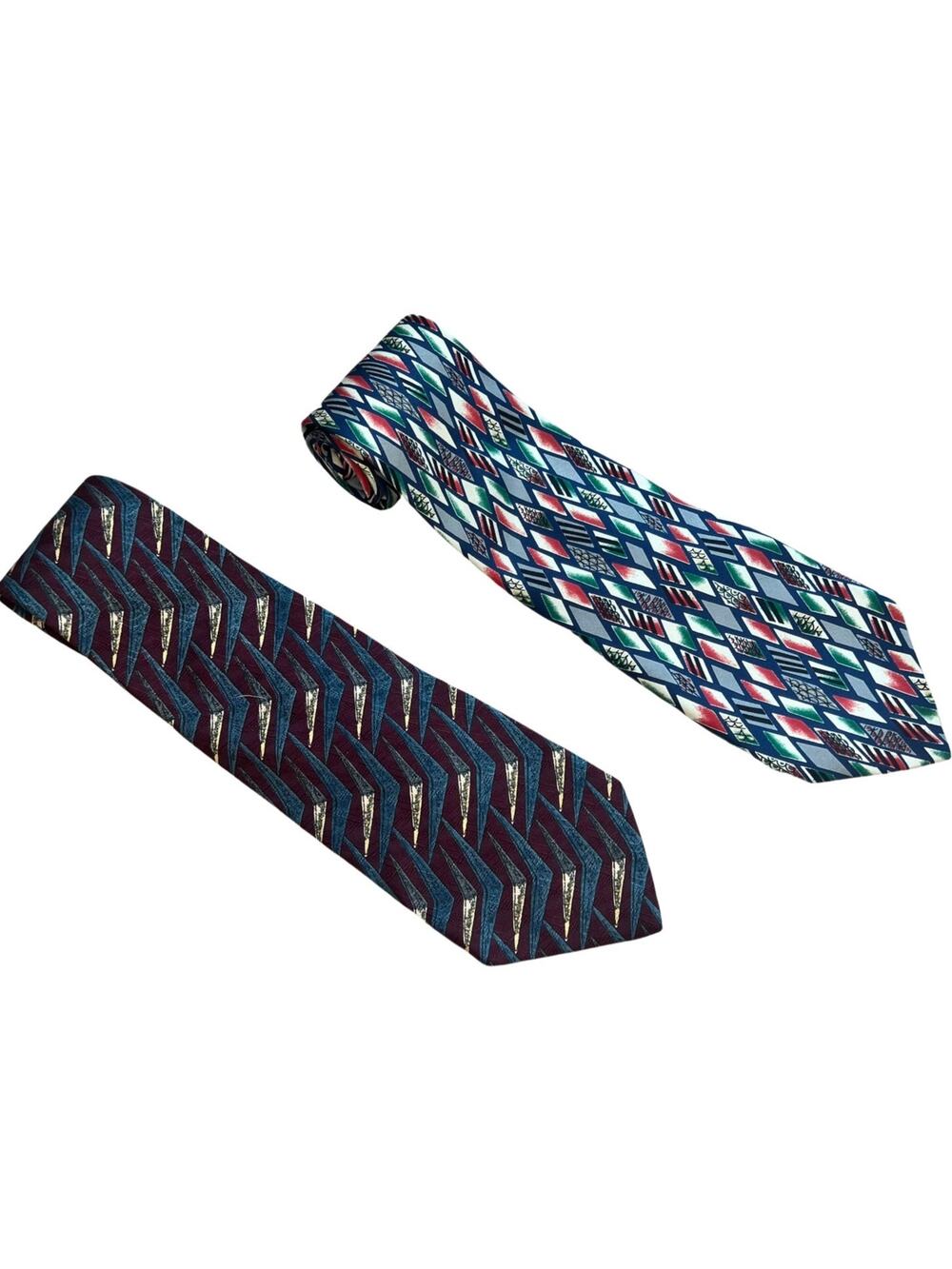 Vintage Robert Talbott Studio Red Blue Geometric 100% Silk Tie 2 Neckties 80s